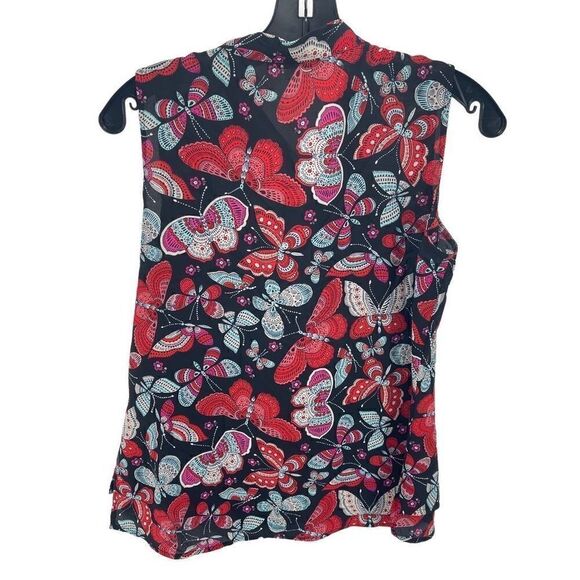 Tommy Hilfiger Womens Butterfly Blouse Top Sleeveless Tie Neck Red Black Small - Picture 2 of 9